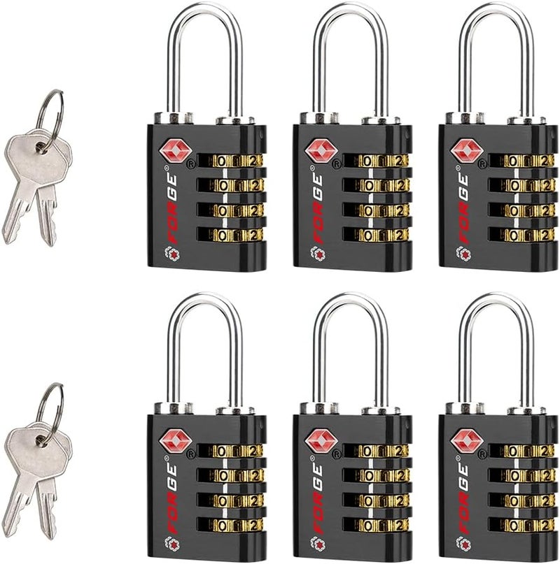 Forge Dual-Opening: Key or Combination Access Lock, Use Key to Recover Code If Forgotten, TSA Approved Locks for Luggage, Pelican case, Travel, Gym, School, Stainless Steel Shackle.(Black 6 Pk) - Image 1